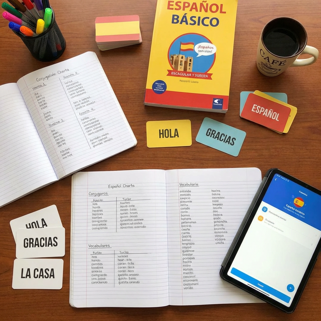 Spanish language study materials including a textbook, notebooks, flashcards, and a tablet on a desk.