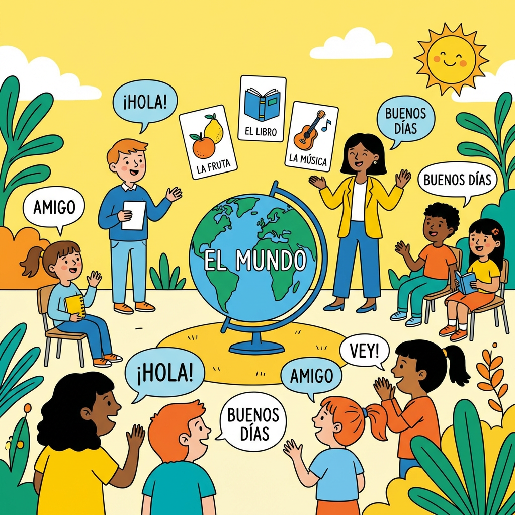 Spanish language learning illustration including text: ¡HOLA!, AMIGO, LA FRUTA, EL LIBRO, LA MÚSICA, BUENOS DÍAS, EL MUNDO, HEY!