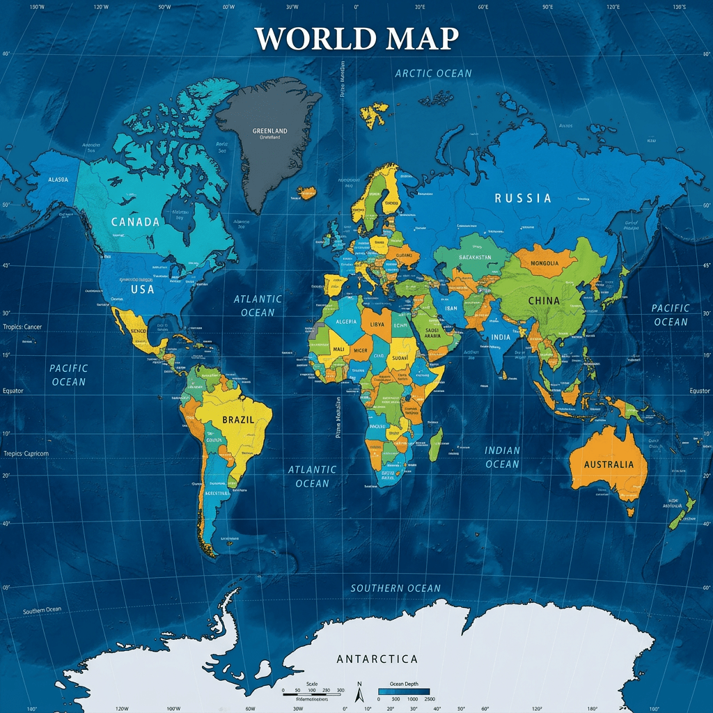 Political world map showing countries in various colors with labeled major oceans.